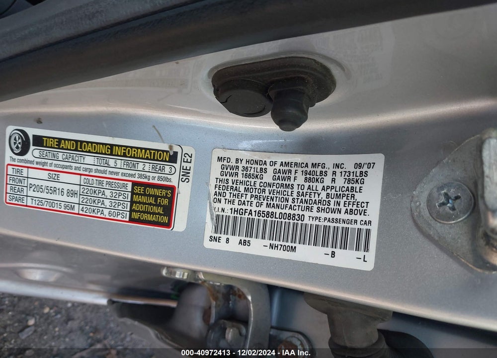 2008 HONDA CIVIC LX VIN: 1HGFA16588L008830