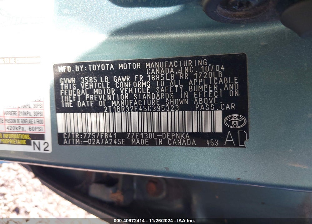 2005 TOYOTA COROLLA LE VIN: 2T1BR32E45C395323