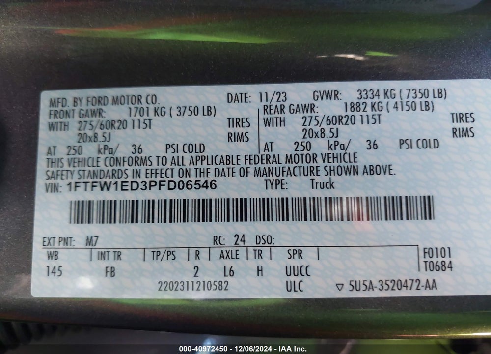 2023 FORD F-150 VIN: 1FTFW1ED3PFD06546