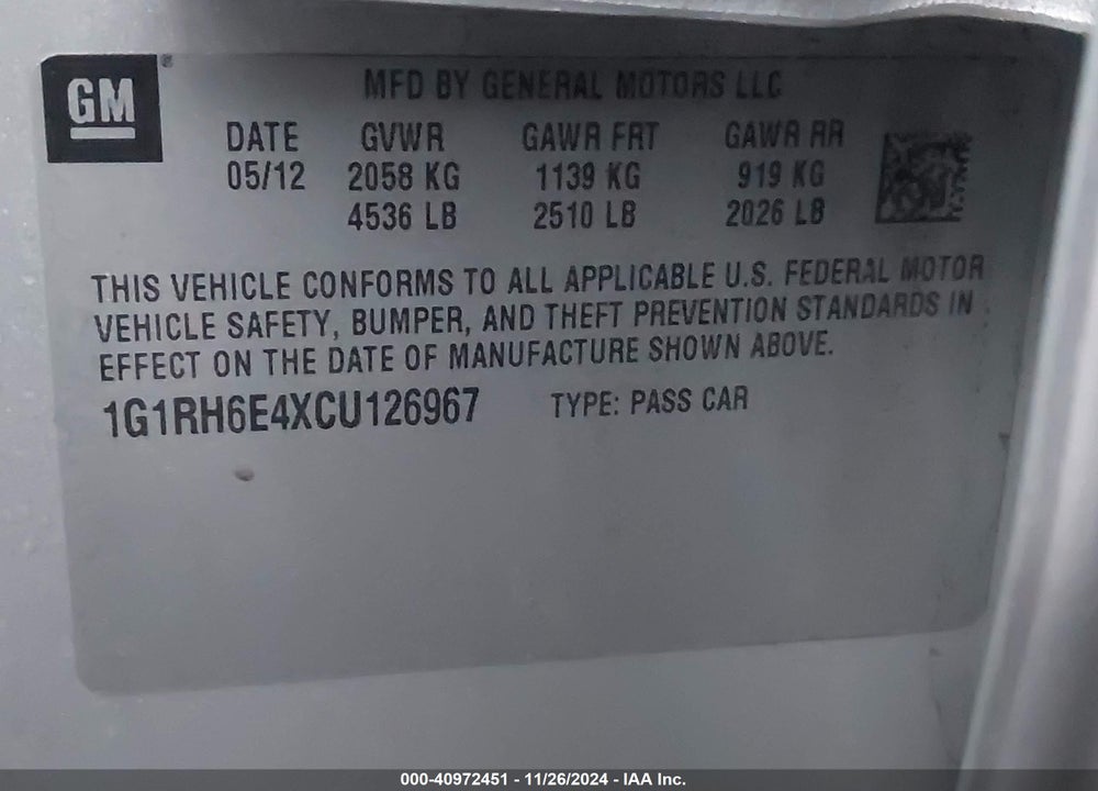 2012 CHEVROLET VOLT VIN: 1G1RH6E4XCU126967