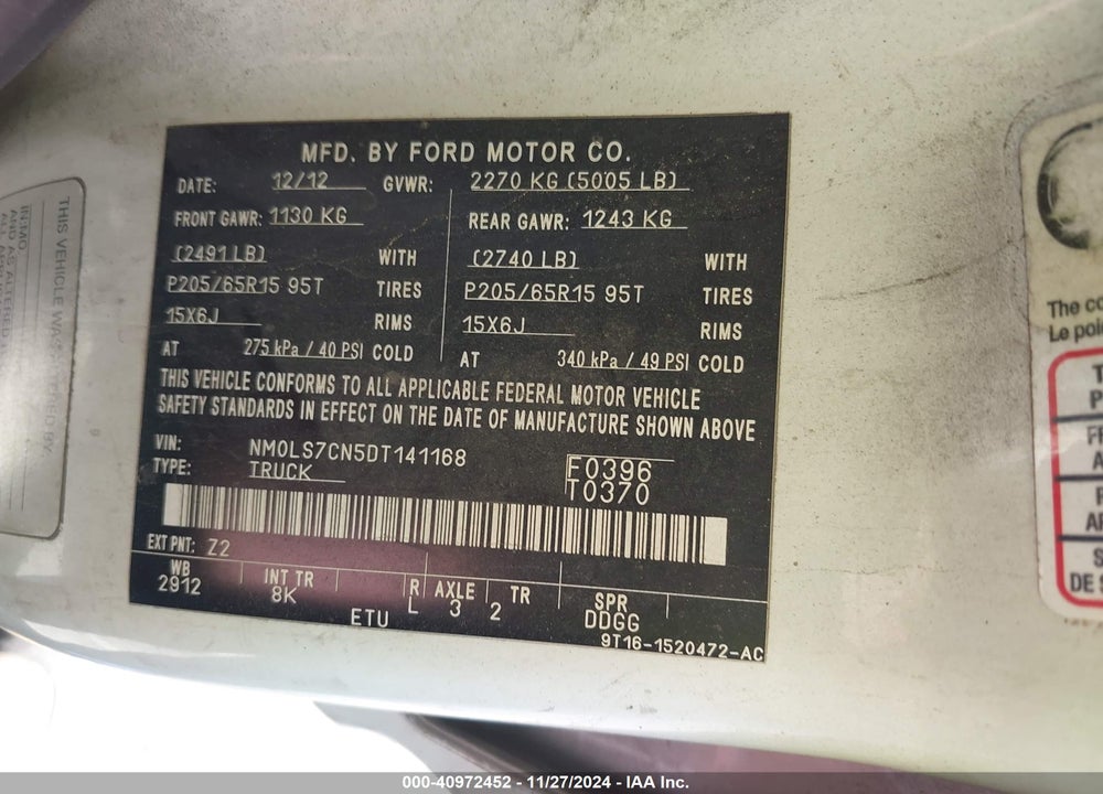 2013 FORD TRANSIT CONNECT XL VIN: NM0LS7CN5DT141168