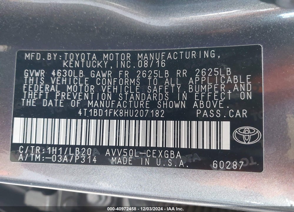 2017 TOYOTA CAMRY HYBRID XLE VIN: 4T1BD1FK8HU207182