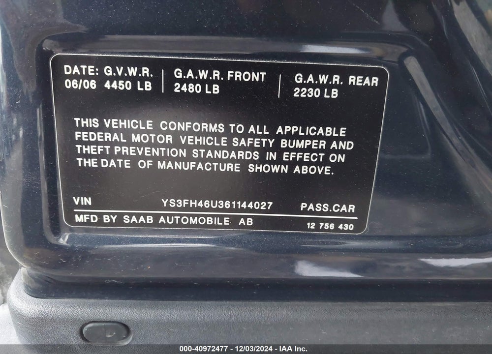 2006 SAAB 9-3 AERO VIN: YS3FH46U361144027