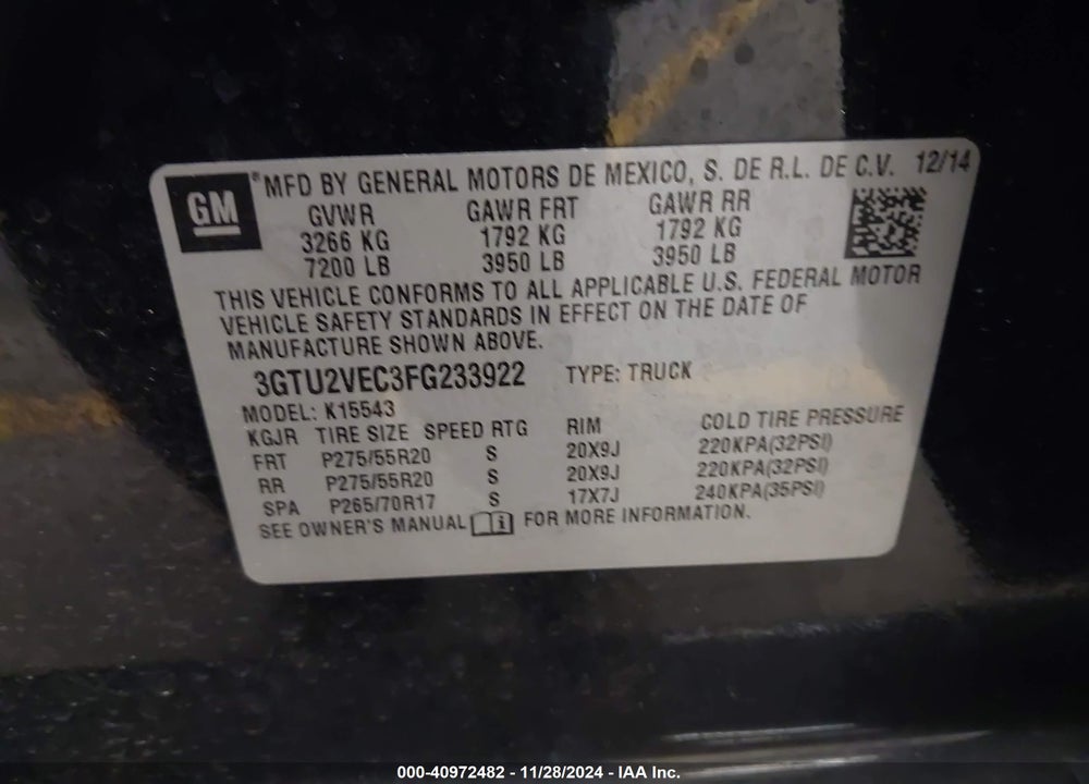 2015 GMC SIERRA VIN: 3GTU2VEC3FG233922