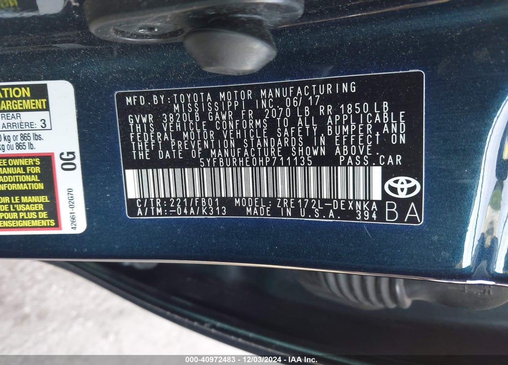 2017 TOYOTA COROLLA LE VIN: 5YFBURHE0HP711135