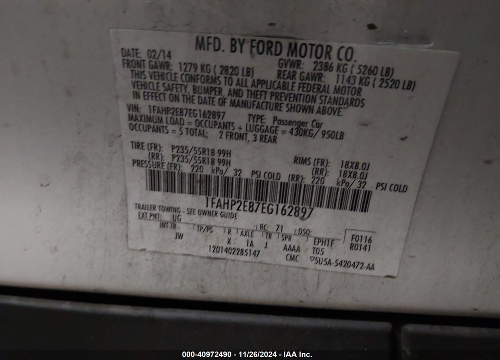 2014 FORD TAURUS VIN: 1FAHP2E87EG162897