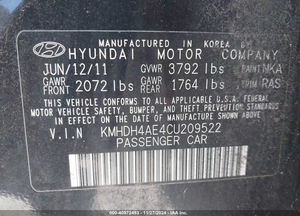 2012 HYUNDAI ELANTRA LIMITED (ULSAN PLANT) VIN: KMHDH4AE4CU209522