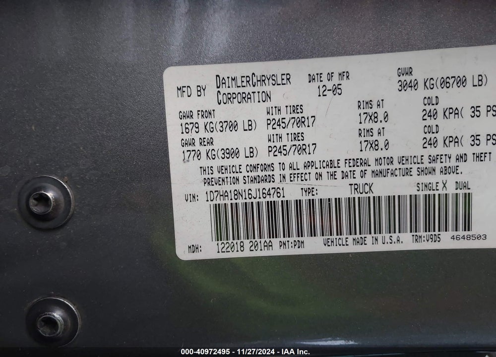 2006 DODGE RAM 1500 SLT VIN: 1D7HA18N16J164761