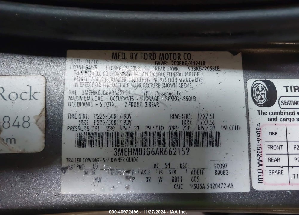 2010 MERCURY MILAN PREMIER VIN: 3MEHM0JG6AR662152