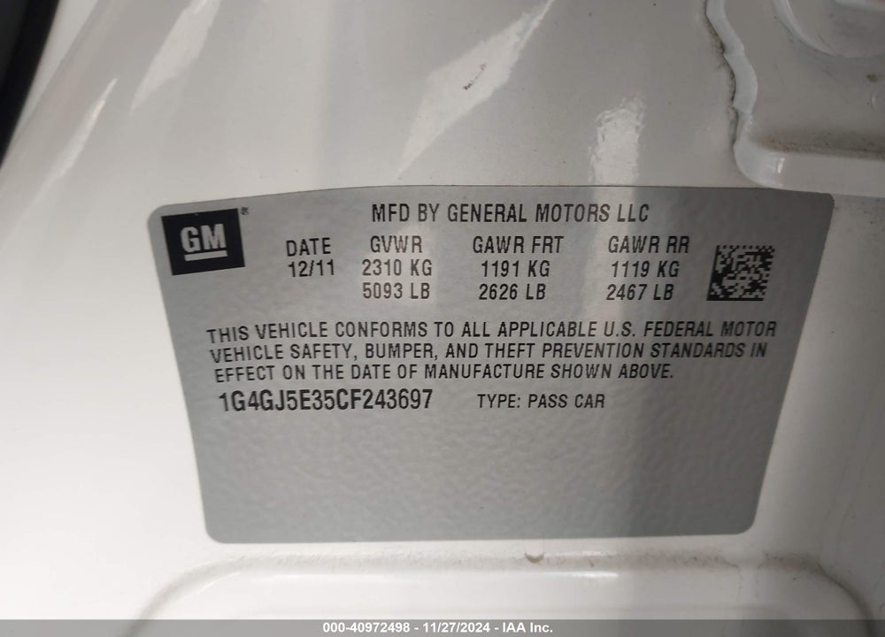 2012 BUICK LACROSSE TOURING GROUP VIN: 1G4GJ5E35CF243697