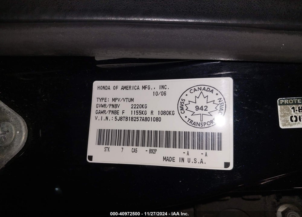 2007 ACURA RDX VIN: 5J8TB18257A801080