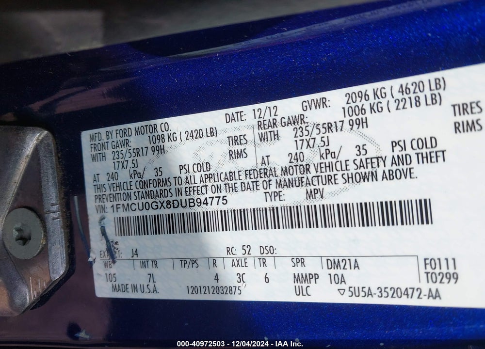 2013 FORD ESCAPE SE VIN: 1FMCU0GX8DUB94775