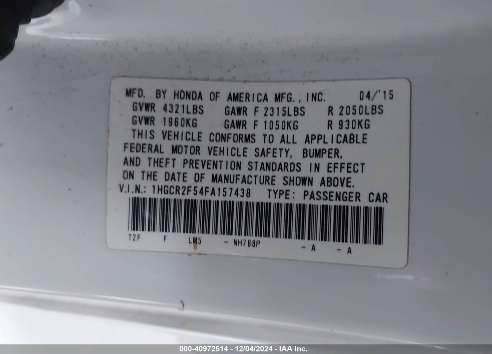 2015 HONDA ACCORD SPORT VIN: 1HGCR2F54FA157438