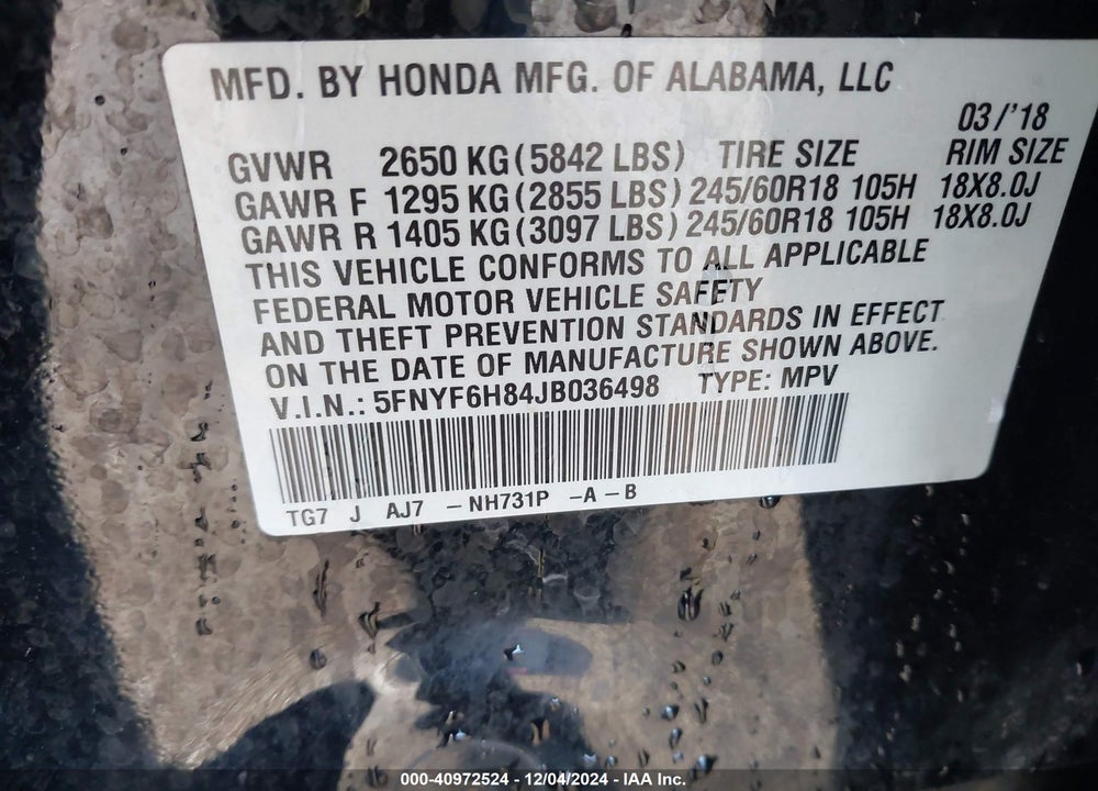 2018 HONDA PILOT EX-L VIN: 5FNYF6H84JB036498