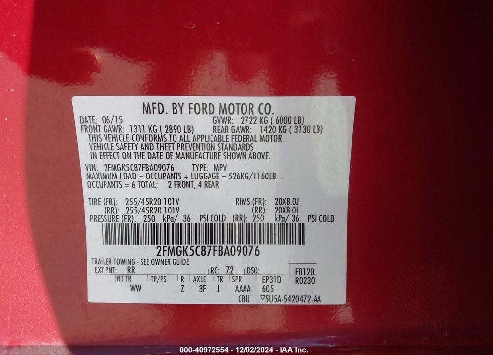2015 FORD FLEX SEL VIN: 2FMGK5C87FBA09076