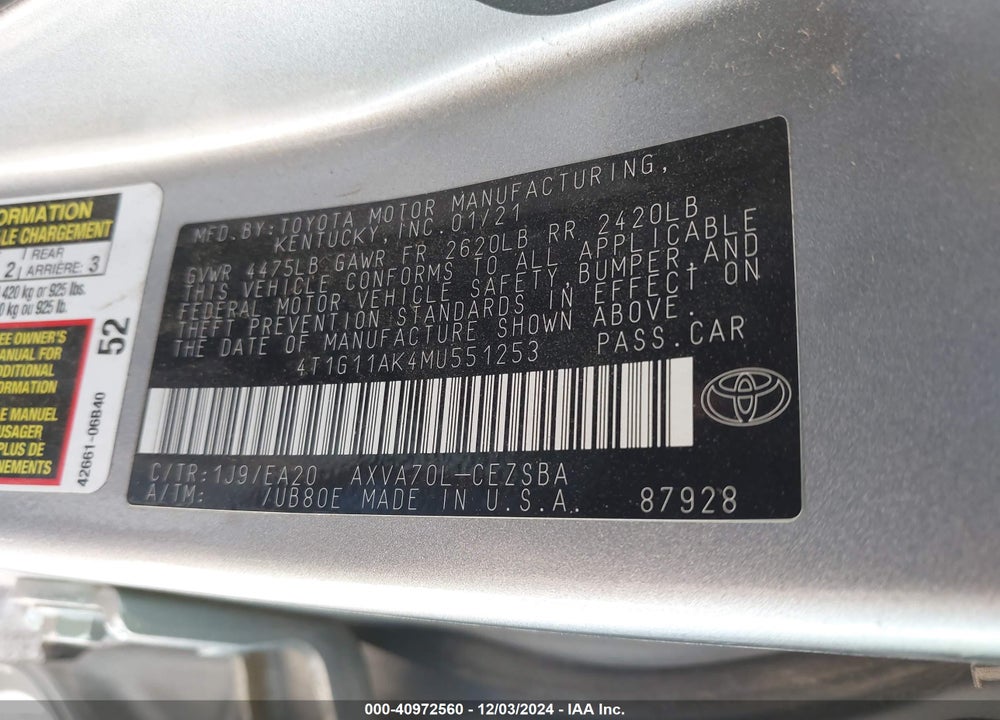 2021 TOYOTA CAMRY VIN: 4T1G11AK4MU551253
