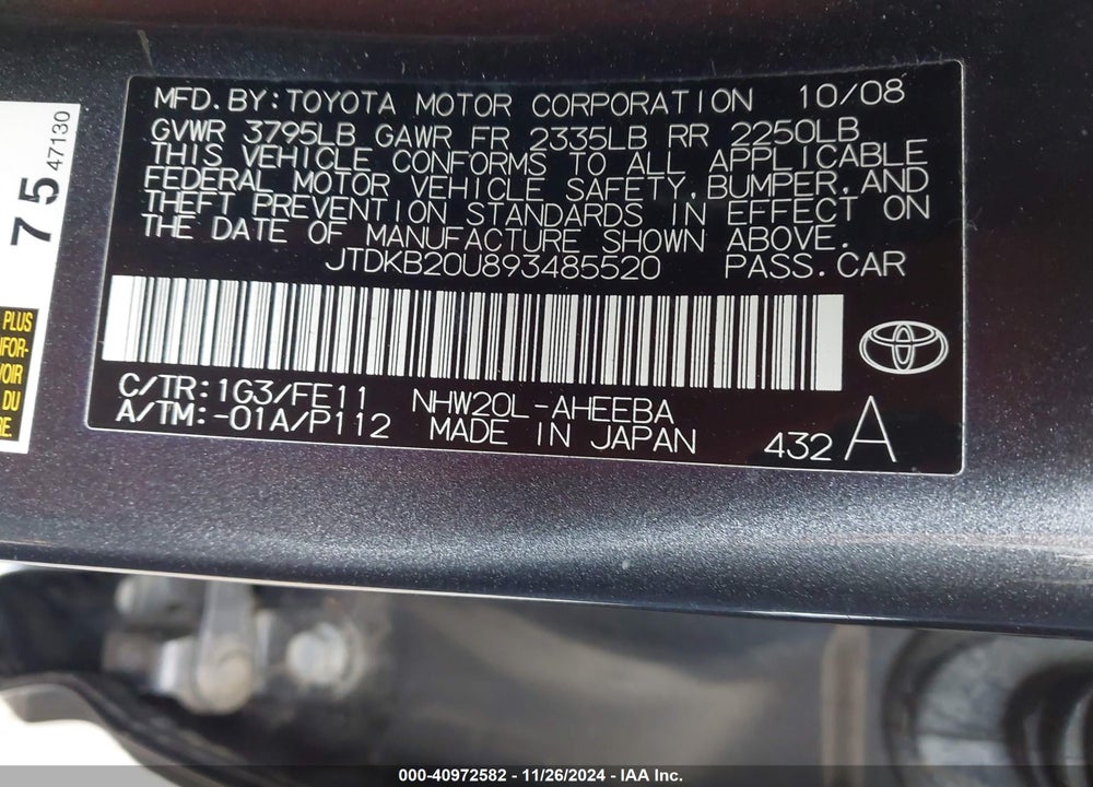 2009 TOYOTA PRIUS VIN: JTDKB20U893485520