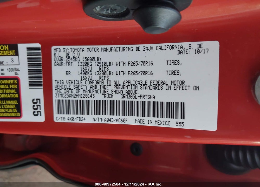 2017 TOYOTA TACOMA VIN: 3TMCZ5AN2HM120143