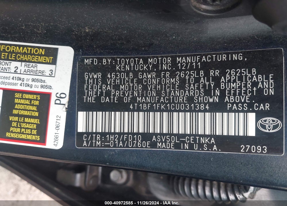 2012 TOYOTA CAMRY LE VIN: 4T1BF1FK1CU031384