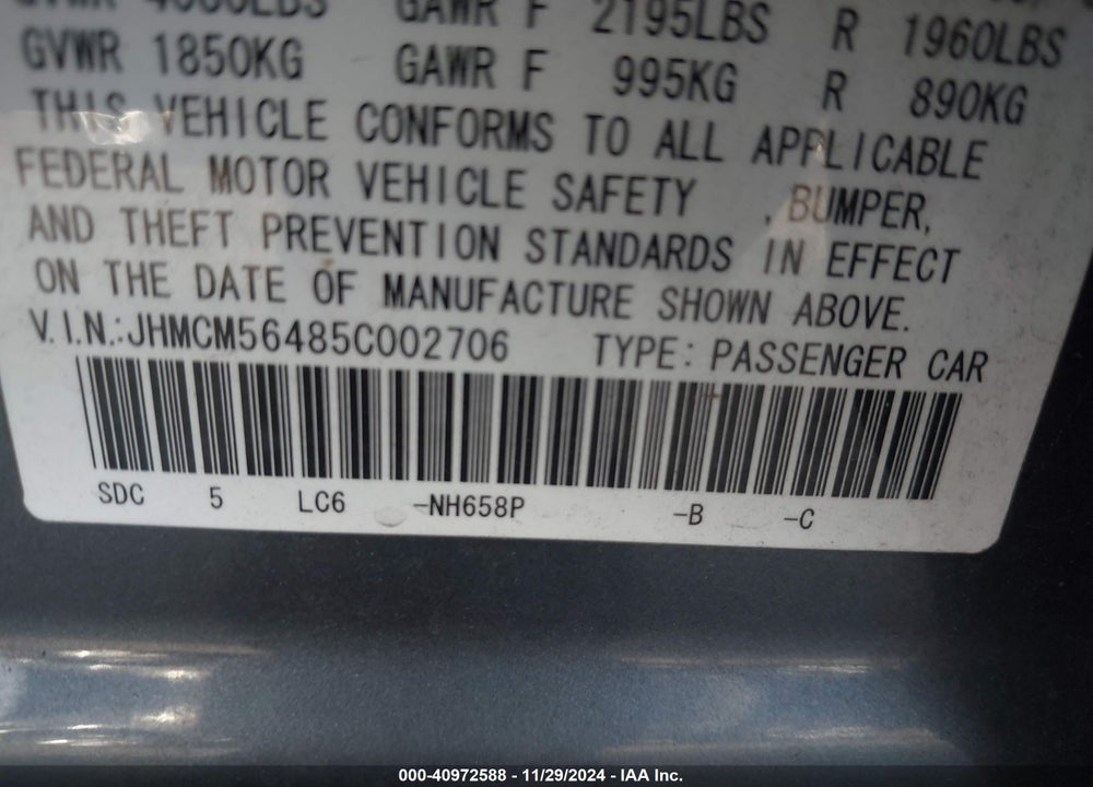 2005 HONDA ACCORD 2.4 LX VIN: JHMCM56485C002706