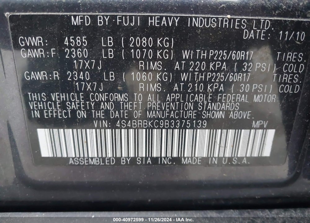 2011 SUBARU OUTBACK 2.5I LIMITED VIN: 4S4BRBKC9B3375139