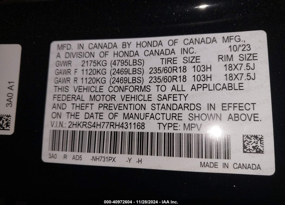 2024 HONDA CR-V EX-L AWD VIN: 2HKRS4H77RH431168