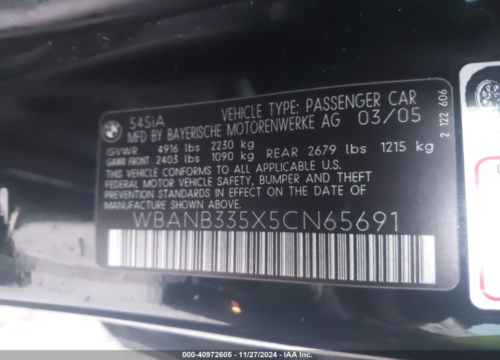 2005 BMW 545I VIN: WBANB335X5CN65691