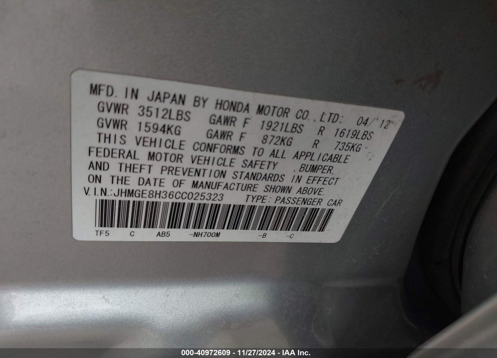 2012 HONDA FIT VIN: JHMGE8H36CC025323