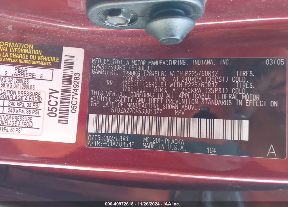 2005 TOYOTA SIENNA XLE VIN: 5TDZA22C45S304377