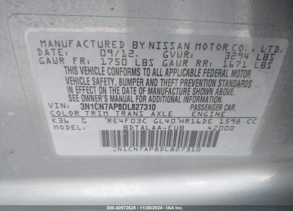 2013 NISSAN VERSA 1.6 S+ VIN: 3N1CN7AP8DL827310