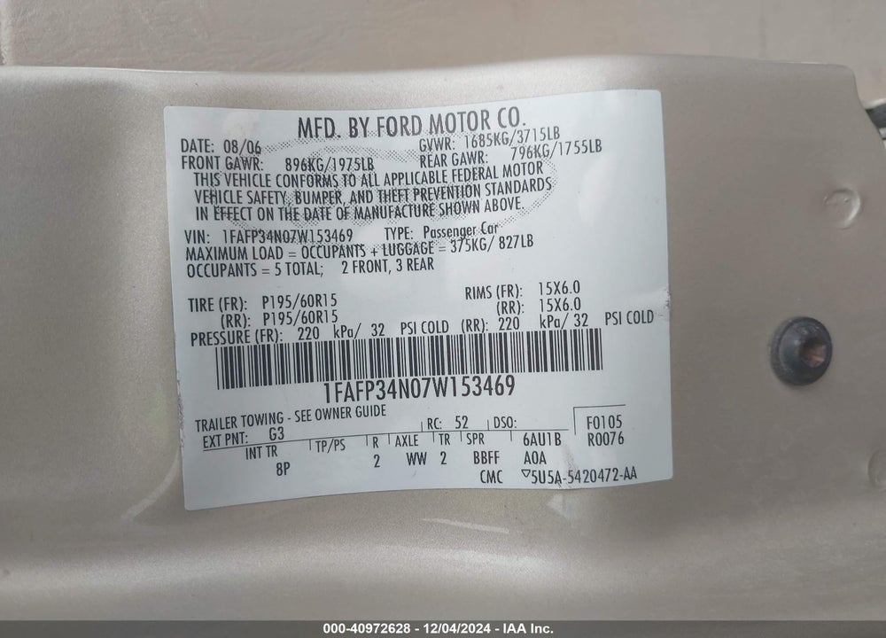 2007 FORD FOCUS S/SE/SES VIN: 1FAFP34N07W153469