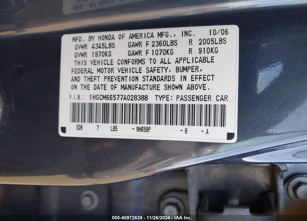 2007 HONDA ACCORD 3.0 EX VIN: 1HGCM66577A028388