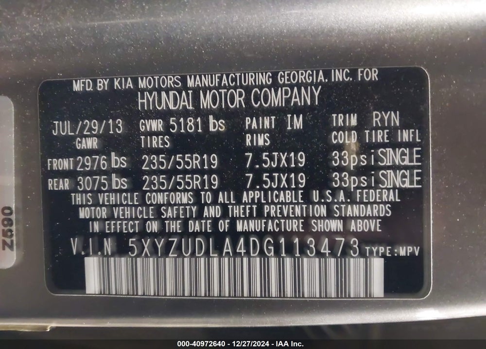 2013 HYUNDAI SANTA FE SPORT 2.0T VIN: 5XYZUDLA4DG113473