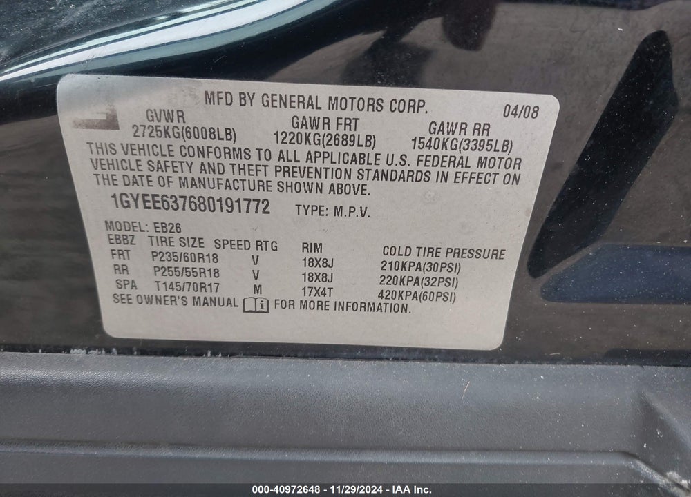 2008 CADILLAC SRX V6 VIN: 1GYEE637680191772