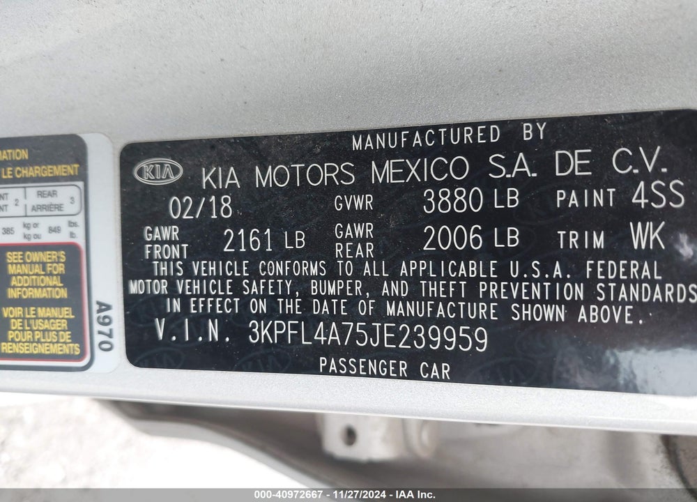 2018 KIA FORTE LX VIN: 3KPFL4A75JE239959
