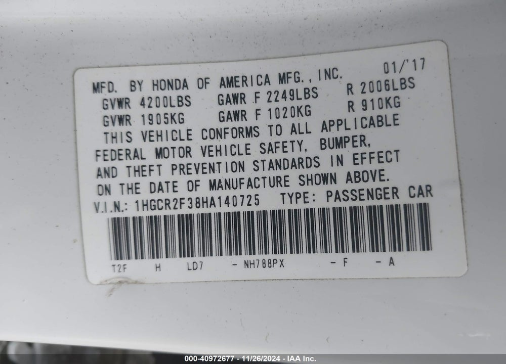 2017 HONDA ACCORD LX VIN: 1HGCR2F38HA140725