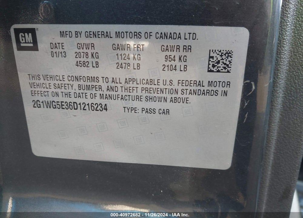 2013 CHEVROLET IMPALA LT VIN: 2G1WG5E36D1216234