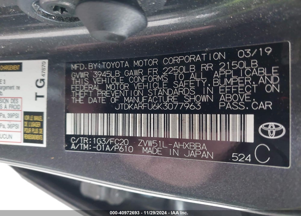 2019 TOYOTA PRIUS L ECO VIN: JTDKARFU6K3077963