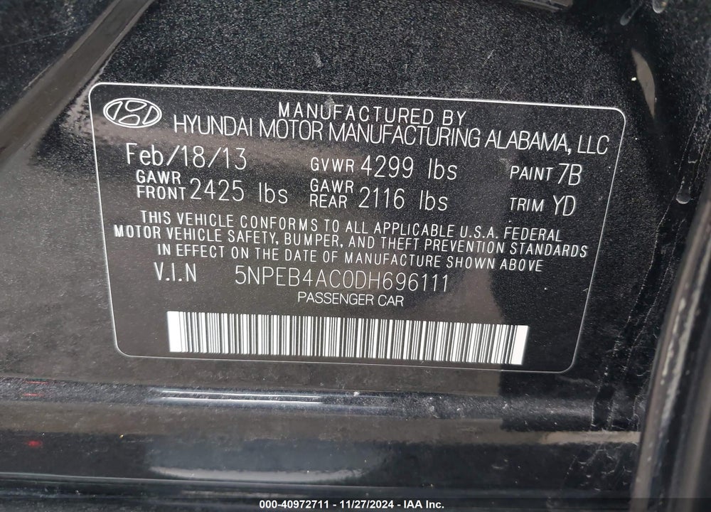 2013 HYUNDAI SONATA GLS VIN: 5NPEB4AC0DH696111