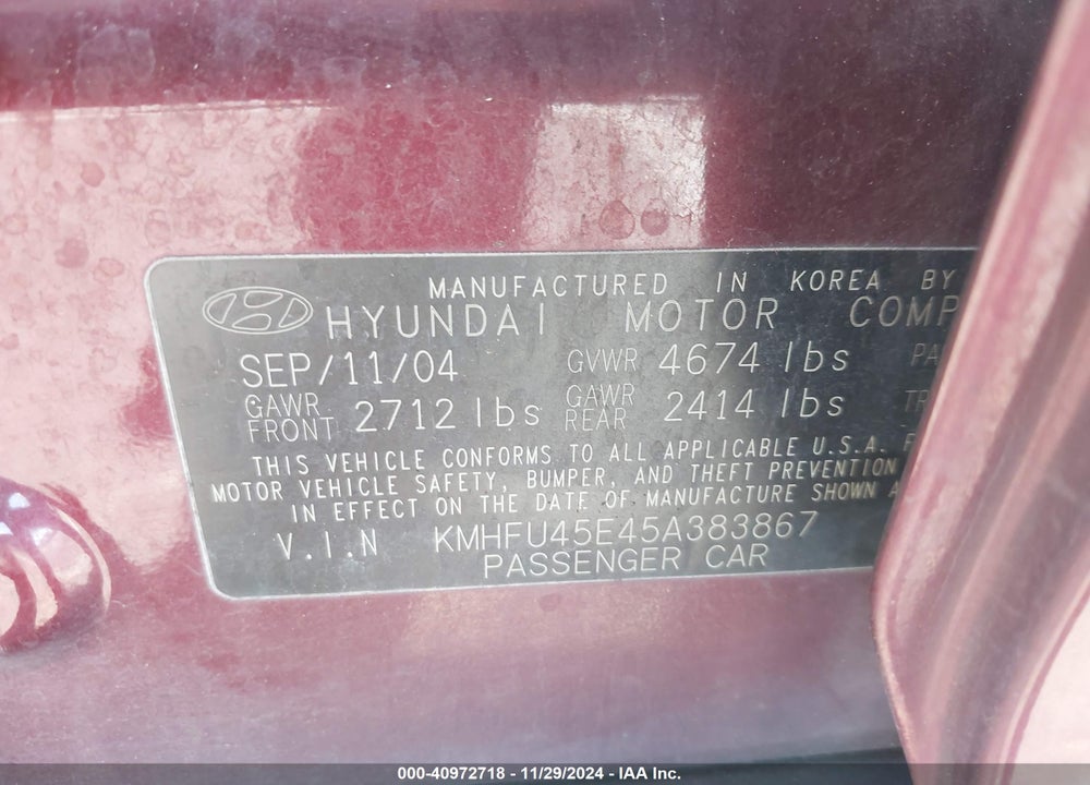 2005 HYUNDAI XG350 L VIN: KMHFU45E45A383867