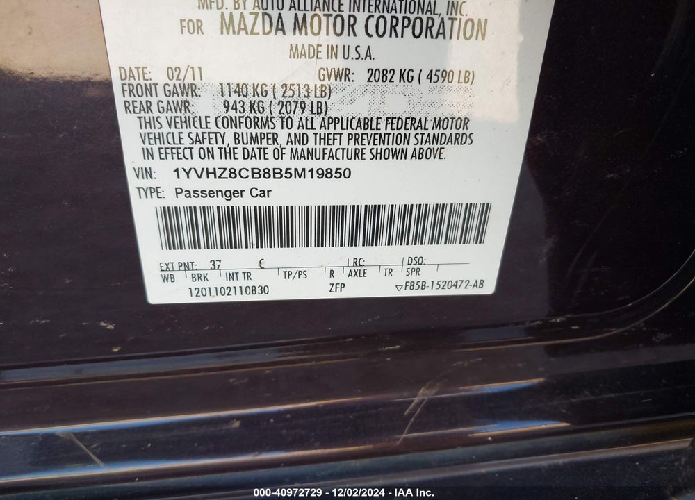 2011 MAZDA 6 S GRAND TOURING VIN: 1YVHZ8CB8B5M19850
