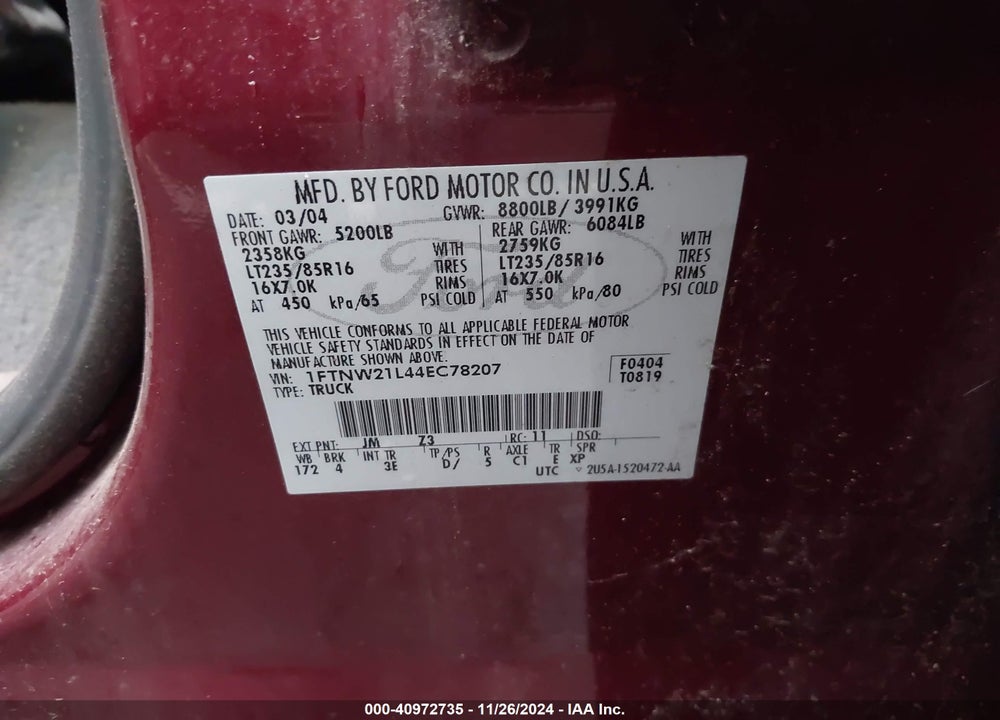2004 FORD F-250 LARIAT/XL/XLT VIN: 1FTNW21L44EC78207