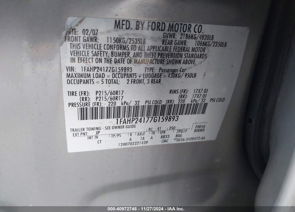 2007 FORD FIVE HUNDRED VIN: 1FAHP24177G159893