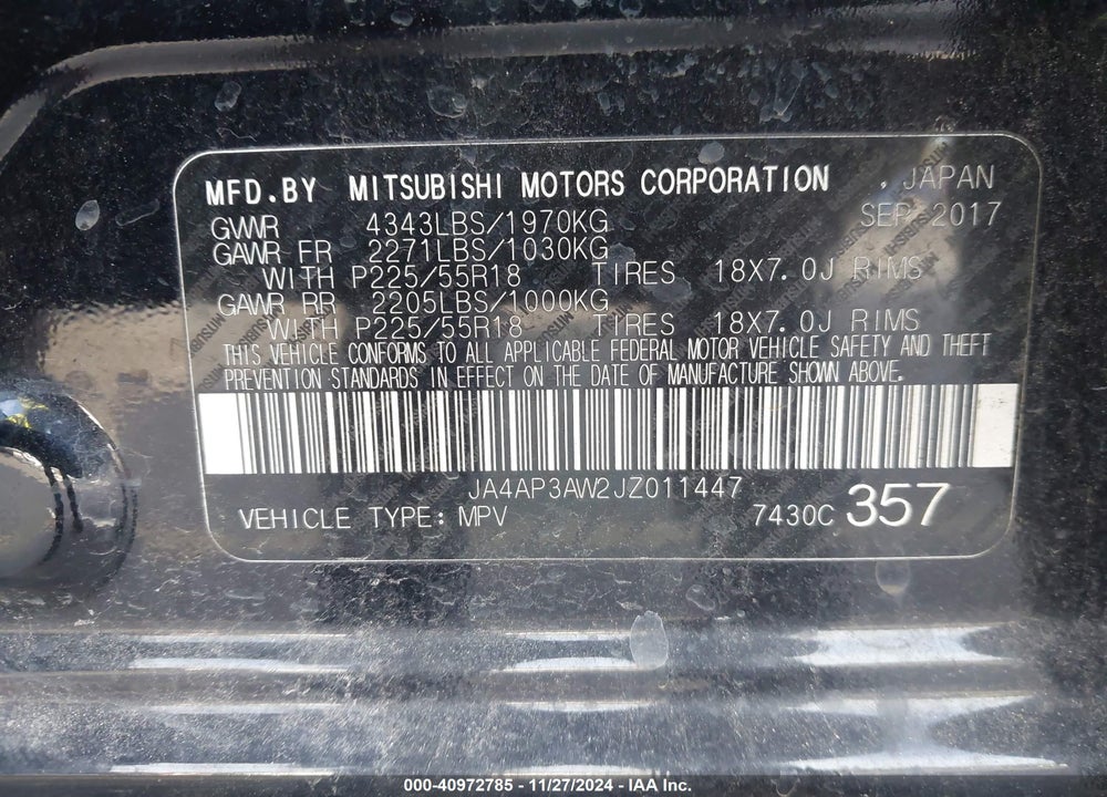 2018 MITSUBISHI OUTLANDER SPORT 2.4 SE VIN: JA4AP3AW2JZ011447