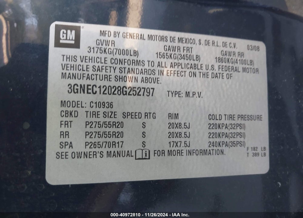 2008 CHEVROLET AVALANCHE 1500 LTZ VIN: 3GNEC12028G252797