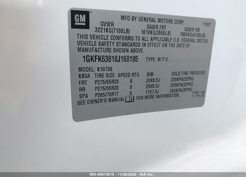 2008 GMC YUKON DENALI VIN: 1GKFK63818J160195