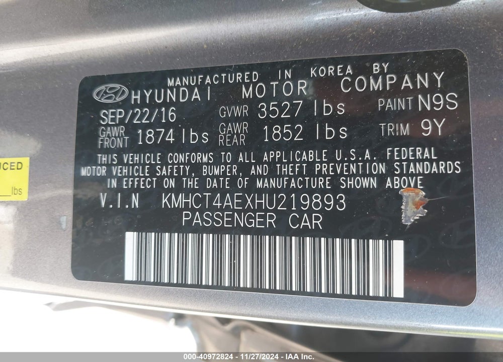 2017 HYUNDAI ACCENT SE VIN: KMHCT4AEXHU219893