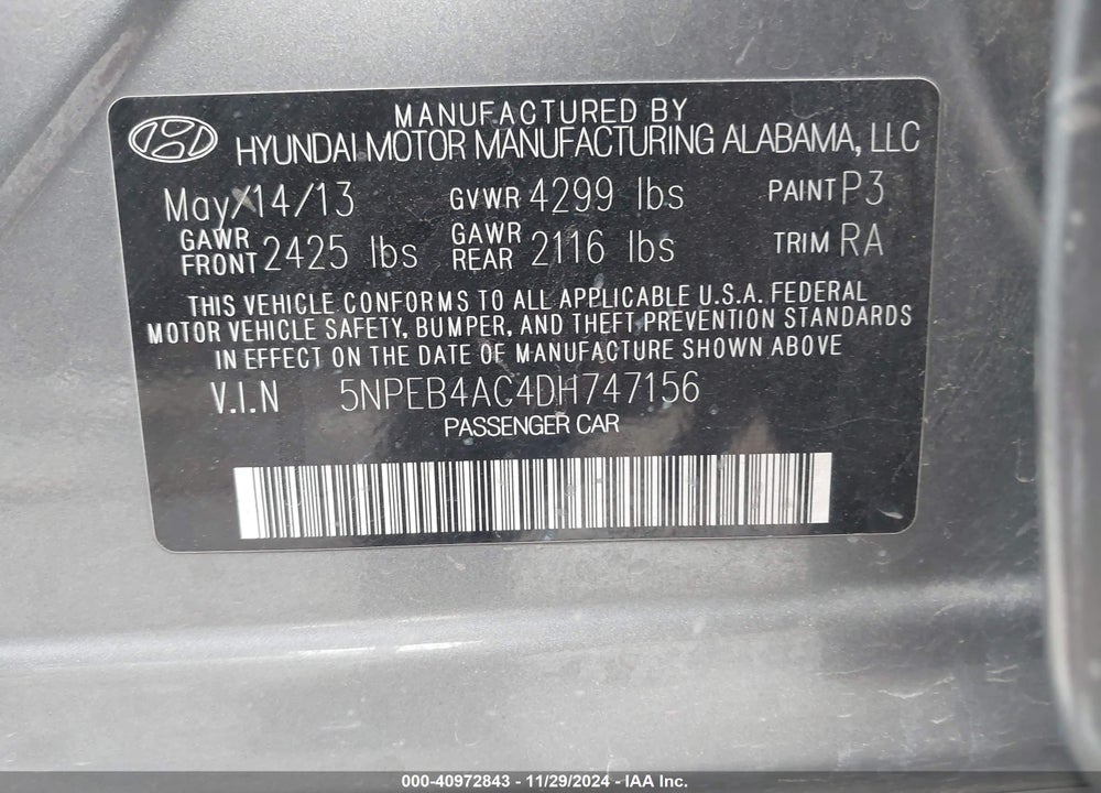 2013 HYUNDAI SONATA VIN: 5NPEB4AC4DH747156
