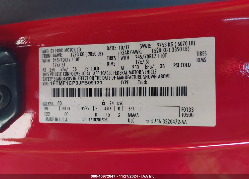 2018 FORD F-150 XL VIN: 1FTMF1CP3JFB09131
