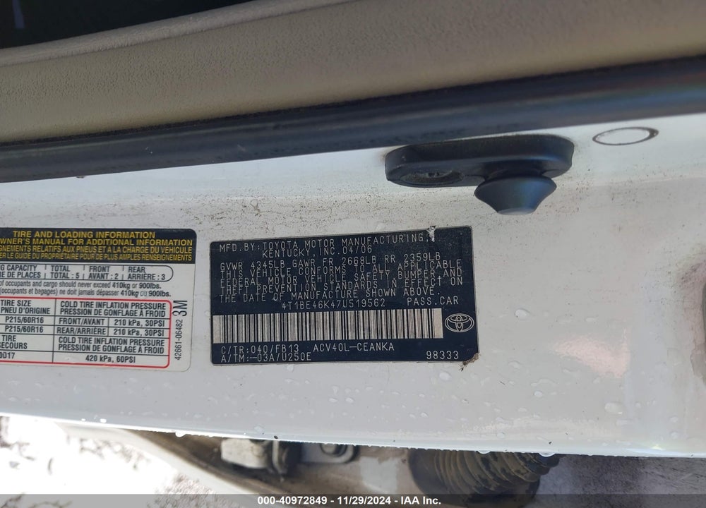 2007 TOYOTA CAMRY LE VIN: 4T1BE46K47U519562